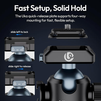Ulanzi T100 Ball Head, Tripod Ball Head Mount 1/4 & 3/8 inch with Uka Quick Release Plate & Cold Shoe, 360° Rotating Panoramic Ball Head for DSLR Camera,Tripod,Monopod,Slider,Camcorder, 13lbs/6kg Load