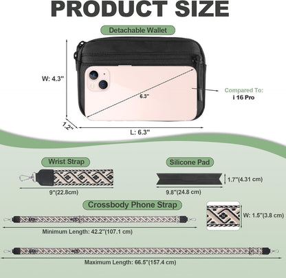 Clip and Go Strap for Phone with Wallet Crossbody, Adjustable Phone Lanyard with Detachable RFID Wristlet Wallet, Pattern Strap, Black (M)