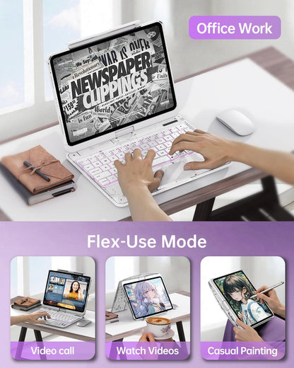 Intermerge Clear Keyboard Case for iPad Pro 13" (M4) 2024 Only, 360° Swivel Multi-Touch Trackpad, 7-Color RGB Backlit, Pencil Holder, Type-C, Power Indicator, Frost Pulse
