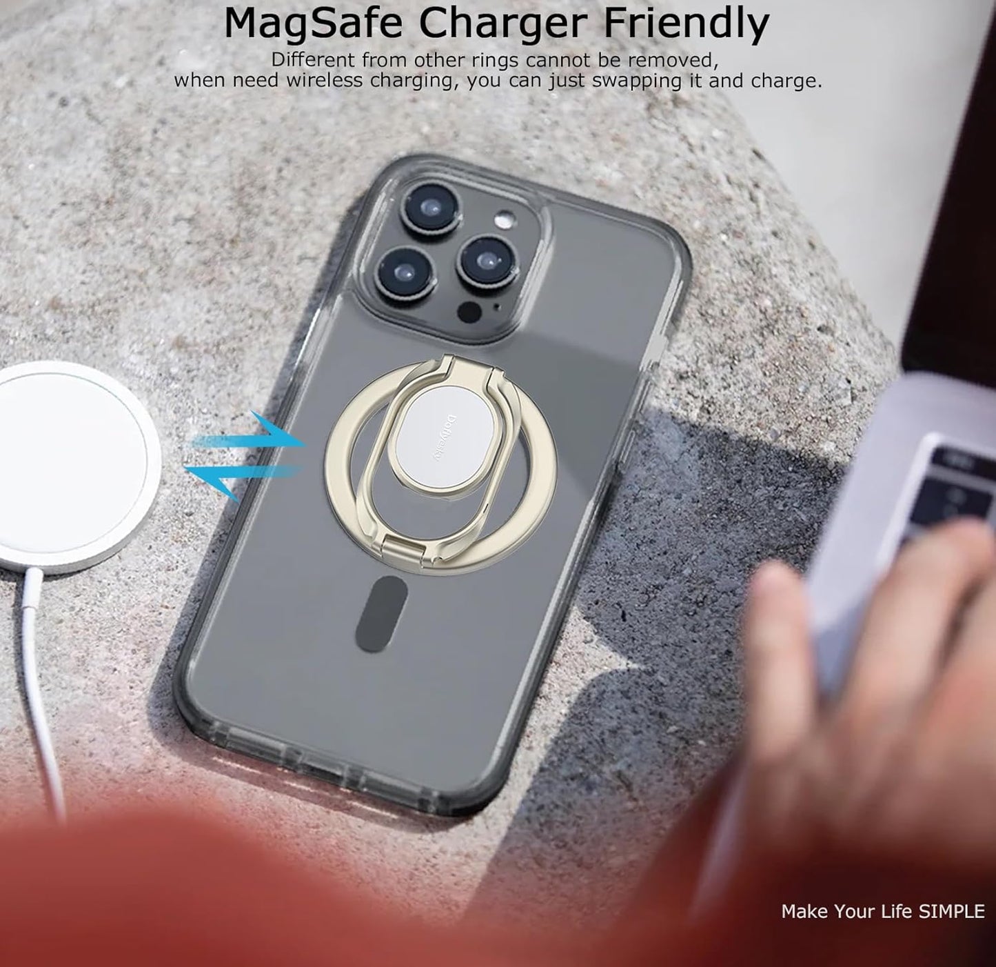 Magnetic Phone Grip Compatible with MagSafe Ring Holder, Metal Double Adjustable Gym Finger Ring Grip and Stand, Removable Phone Grip for iPhone, iPad and Smartphones (Natural Titanium)