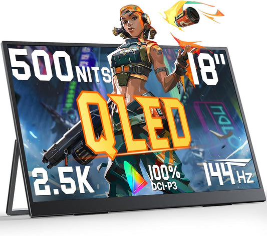 UPERFECT QLED Portable Monitor 2K 144HZ 18'' 100% DCI-P3 500Nits w/VESA & Stand 180° Adjustable Ultra-Slim & Lightweight Frameless FreeSync IPS HDR Gaming Display, Travel Second Monitor for Laptop
