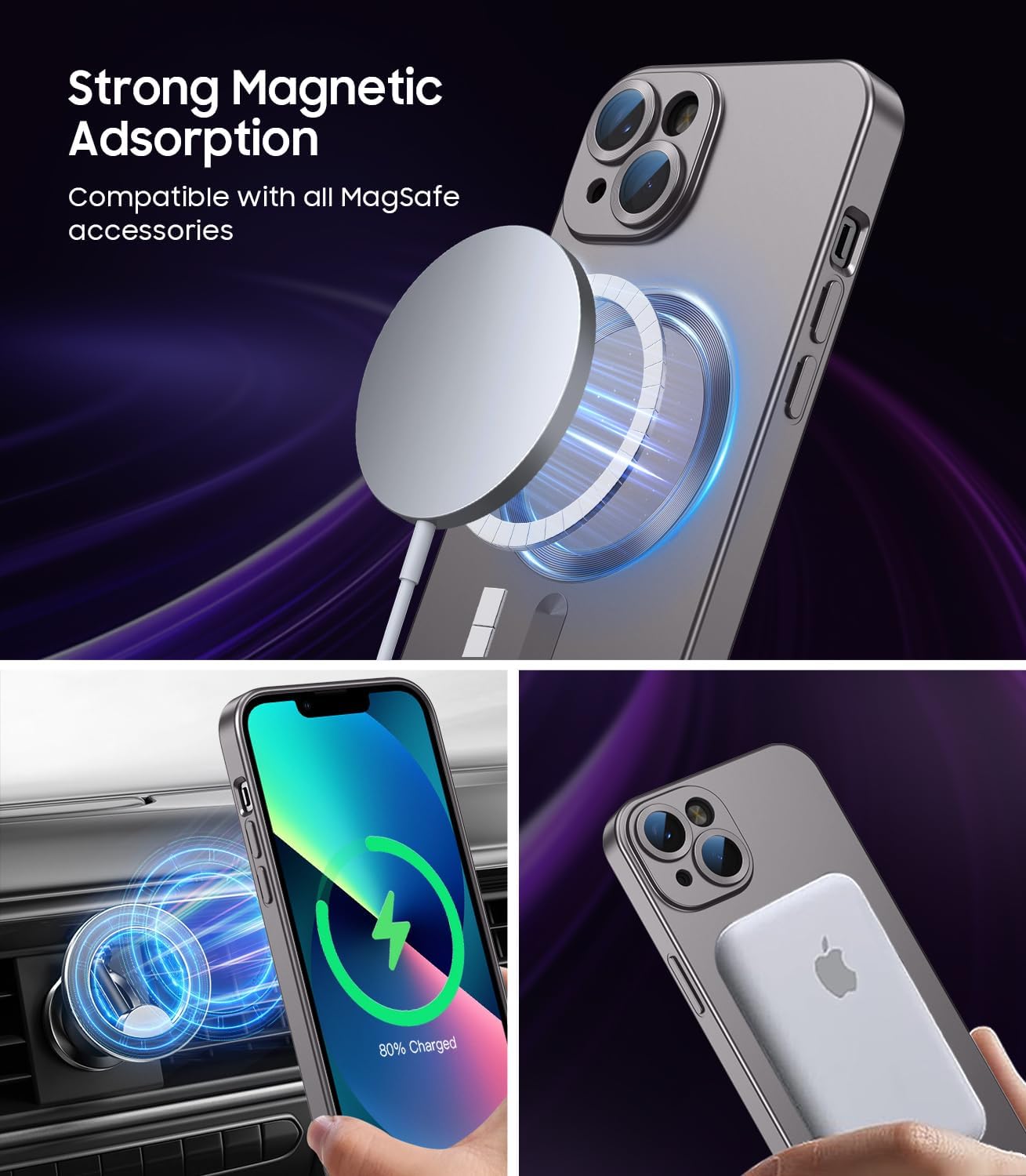 Magnetic for iPhone 13 Case [Compatible with MagSafe][Built-in Camera Lens Protector] Slim Soft Silicone Bumper Shockproof Metallic Luster Phone Case (Gray)