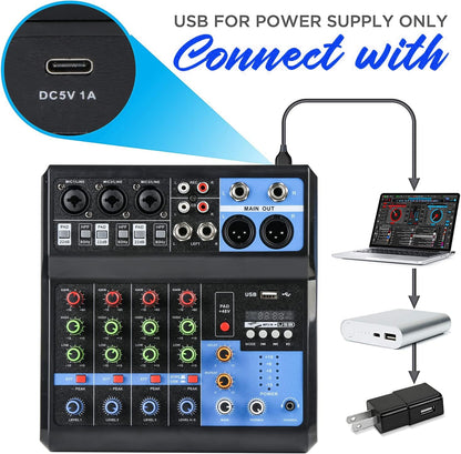 Dj Mixers 5 Channel Audio Mixer Sound Board with Bluetooth, Usb Audio Interface with 48V Phantom Power Sounds Mixer Board with FX Reverb Delay Effect for Streaming