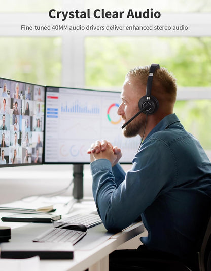 USB Headset with Microphone for PC, Wired Headphones with Noise Cancelling Mic, Computer Headset with in-line Controls, 3.5mm & USB Plug for Zoom, Skype, Call Center, Office Use, Black