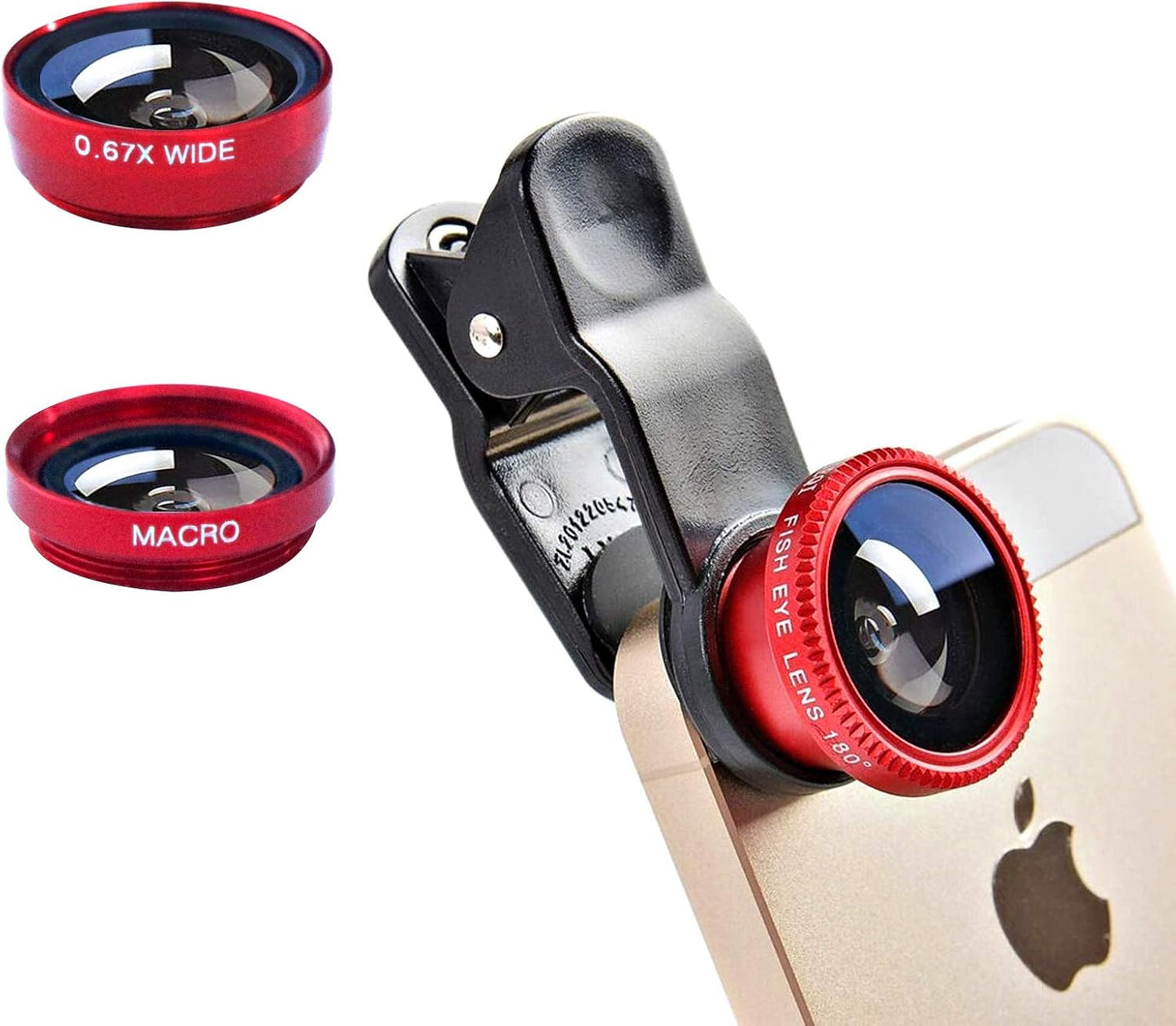 3 in 1 Cell Phone Camera Lens Kit Wide Angle Macro Fisheye Lens Universal for Smart Phones iPhone Samsung Android(Red)