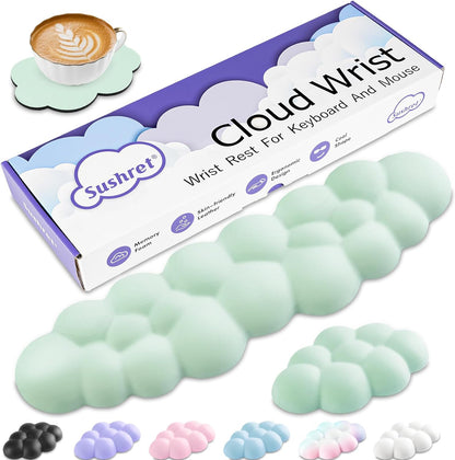 Cloud Wrist Rest Keyboard, Cloud Keyboard Wrist Pad Set with PU Leather Memory Foam, Cute Arm Rest for Palm Support, PC/Gaming Desk Accessories/Office Setup/Computer Hand Cushion - Light Green