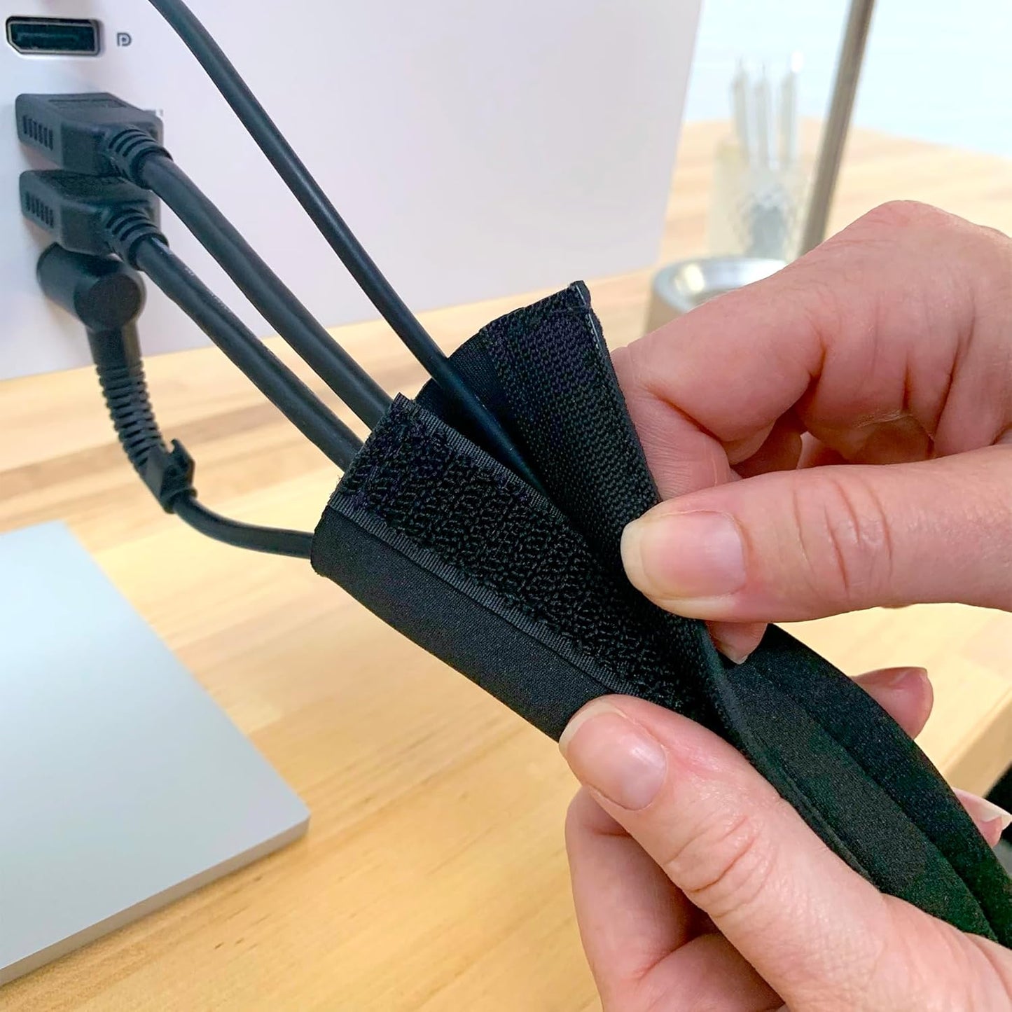 Hook and Loop Cable Sleeve by Wrap-It Storage - 120" x 4.5" Black - Cut to Size Cord Organizer and Cable Protector for Desk, TV Cord Management to Hide and Cover Wire and Extension Cords