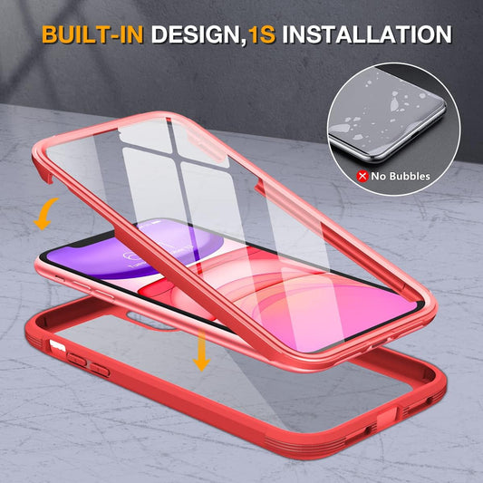 Miracase Glass Series for iPhone 11 Case 6.1 inch, Upgraded Full-Body Rugged Phone Bumper Case Cover with Built-in 9H Tempered Glass Screen Protector and Camera Protector, Red