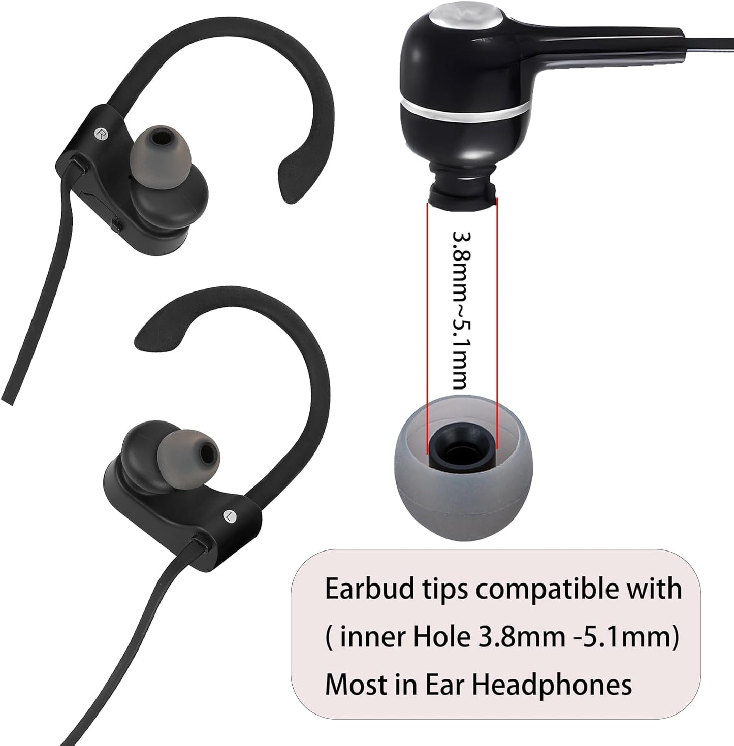 Silicone Replacement Earbud Tips Earbud Covers Eartips Fit Most in-Ear Earbuds(Inner Hole 3.8mm -5.1mm) Headphone Earbuds Rubber Tips 18 Pairs S M L