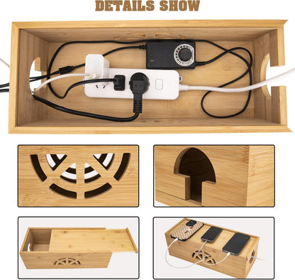 Cable Management Box,Cord Organizer Box,Bamboo Cable Organizer Box for fit Desk Computer USB Behind TV Home Hall Computer Power