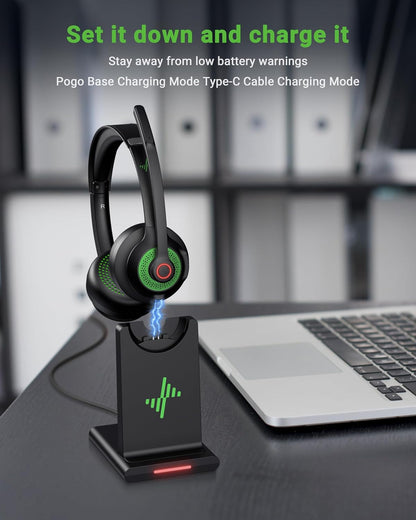Wireless Headset with AI Noise Cancelling Microphone Bluetooth Headset - Bluetooth V5.2 Headphones with USB Dongle, Charging Base & Mic Mute for Computer/Laptop/PC/iPhone/Android/Cell Phones-Green