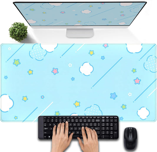 Kawaii Pastel Blue Star Grid Desk Pad, Large Gaming Mousepad & Keyboard Mat, XXL Office Desk Decor for Women, 31.5"x15.75"