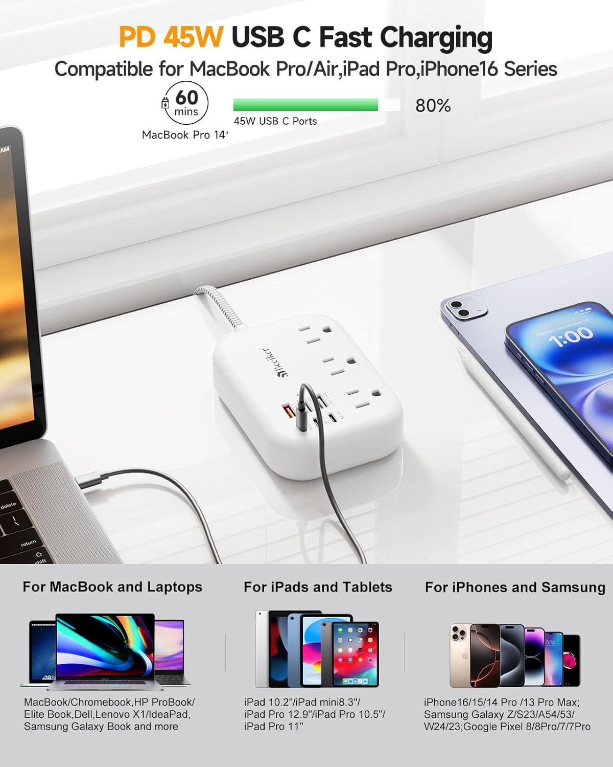 PD45W USB C Travel Power Strip, Cruise Power Strip with 6 USB(3 USB C) Ports and 3 Outlets, 5Ft Flat Plug Braided Extension Cord, 45W Fast Charging Station for MacBook Laptops iPad Pro iPhone Samsung