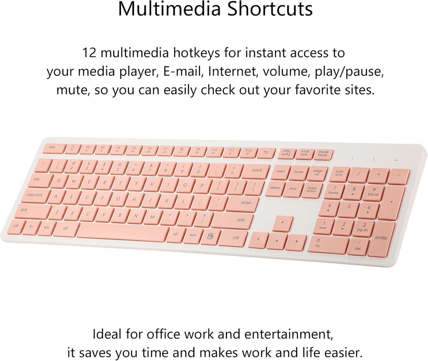 Wireless Keyboard and Mouse Combo, 2.4G Silent Cordless Keyboard Mouse Combo for Windows Chrome Laptop Computer PC Desktop, 106 Keys Full Size with Number Pad, 1600 DPI Optical Mouse (Pink)