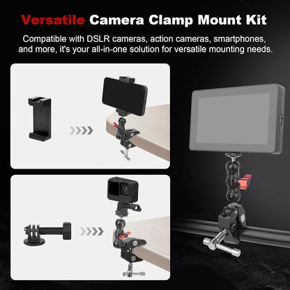 Camera Clamp Mount with Dual Ballhead Magic Arm, Aluminum Camera Mount Super Clamp Kit for DSLR Action Camera/Phone/Monitor/LED Light/Microphone, for Desk/Tripod/Tube/Crossbar (SY001)