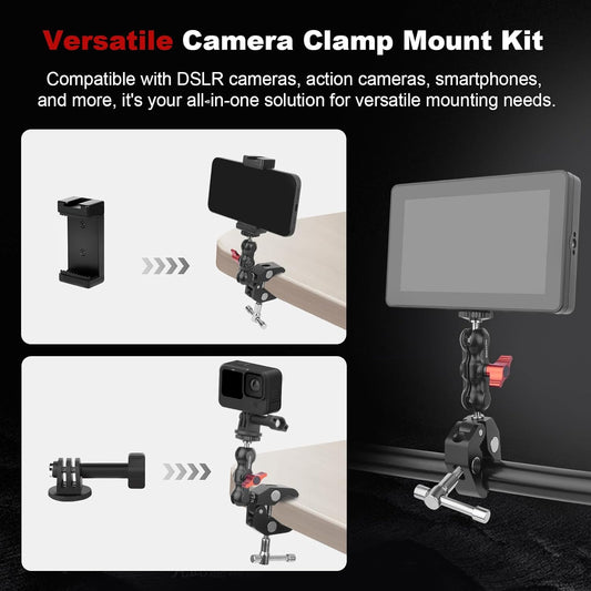 Camera Clamp Mount with Dual Ballhead Magic Arm, Aluminum Camera Mount Super Clamp Kit for DSLR Action Camera/Phone/Monitor/LED Light/Microphone, for Desk/Tripod/Tube/Crossbar (SY001)