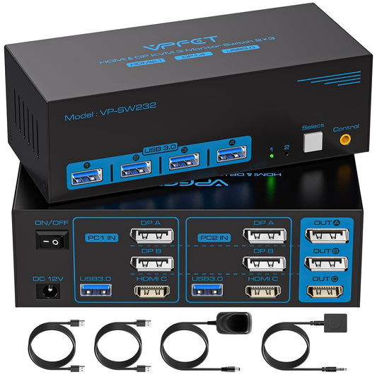 8K@60Hz HDMI Displayport KVM Switch 3 Monitors 2 Computers 4K@120Hz Triple Monitor KVM Switches for 2 PC Share 4 USB 3.0 Ports Support Extended & Copy Mode Desktop Controller 12V Adapter Included
