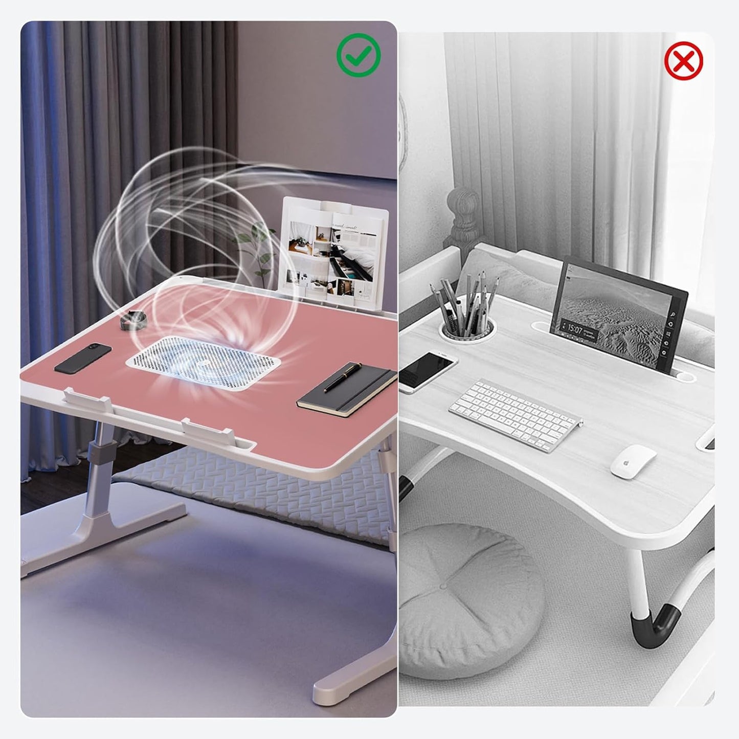 Laptop Lap Desk Include Cooling Fan,Adjustable Lap Desk with Light Fan,Folding Laptop Desk for Bed with USB,Bed Desk with Storage Drawer 56x32cm,Pink