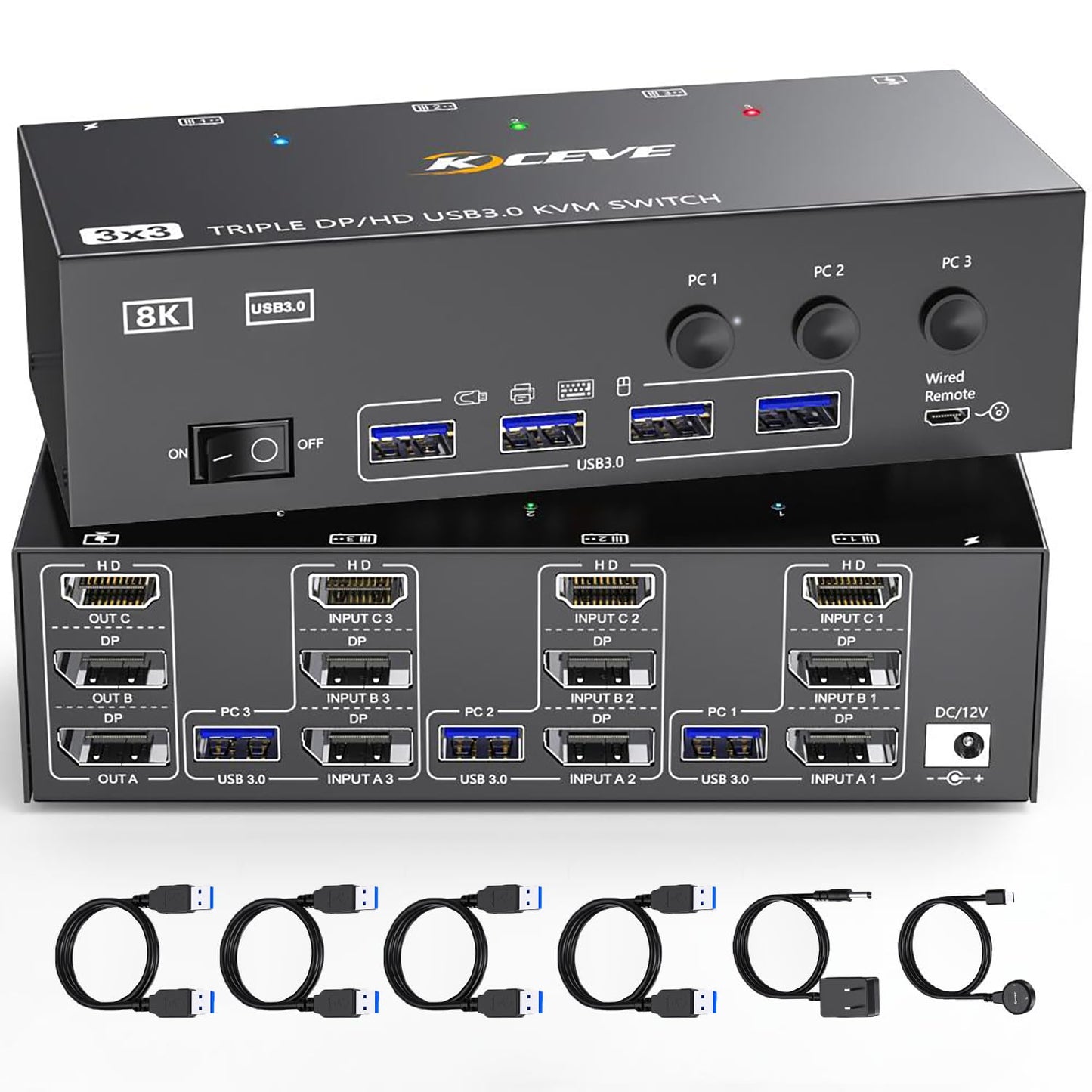 KVM Switch 3 Monitors 3 Computers 8K@60Hz 4K@144Hz, HDMI Dispalyport Triple Monitor KVM Switches with 4 USB3.0 Port for USB Devices, Support Extended/Mirror Mode, Wired Controller and USB3.0 Cables