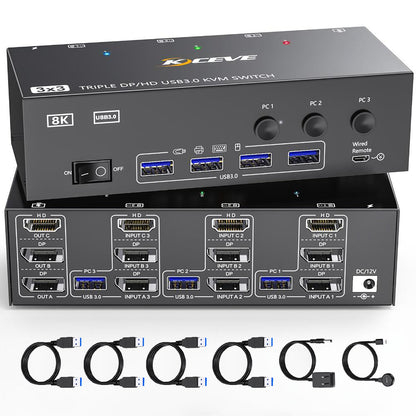 KVM Switch 3 Monitors 3 Computers 8K@60Hz 4K@144Hz, HDMI Dispalyport Triple Monitor KVM Switches with 4 USB3.0 Port for USB Devices, Support Extended/Mirror Mode, Wired Controller and USB3.0 Cables