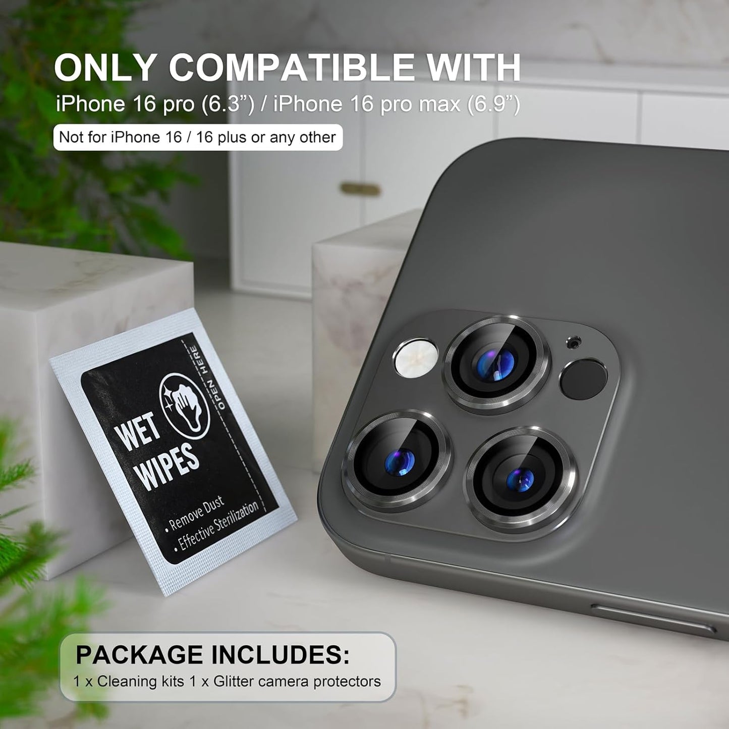 Choiche Compatible for iPhone 16 Pro/iPhone 16 Pro Max Camera Lens Protector, Bling Camera Cover with 9H Tempered Glass Lens Screen Protector Metal Ring Decoration Accessories(Black)