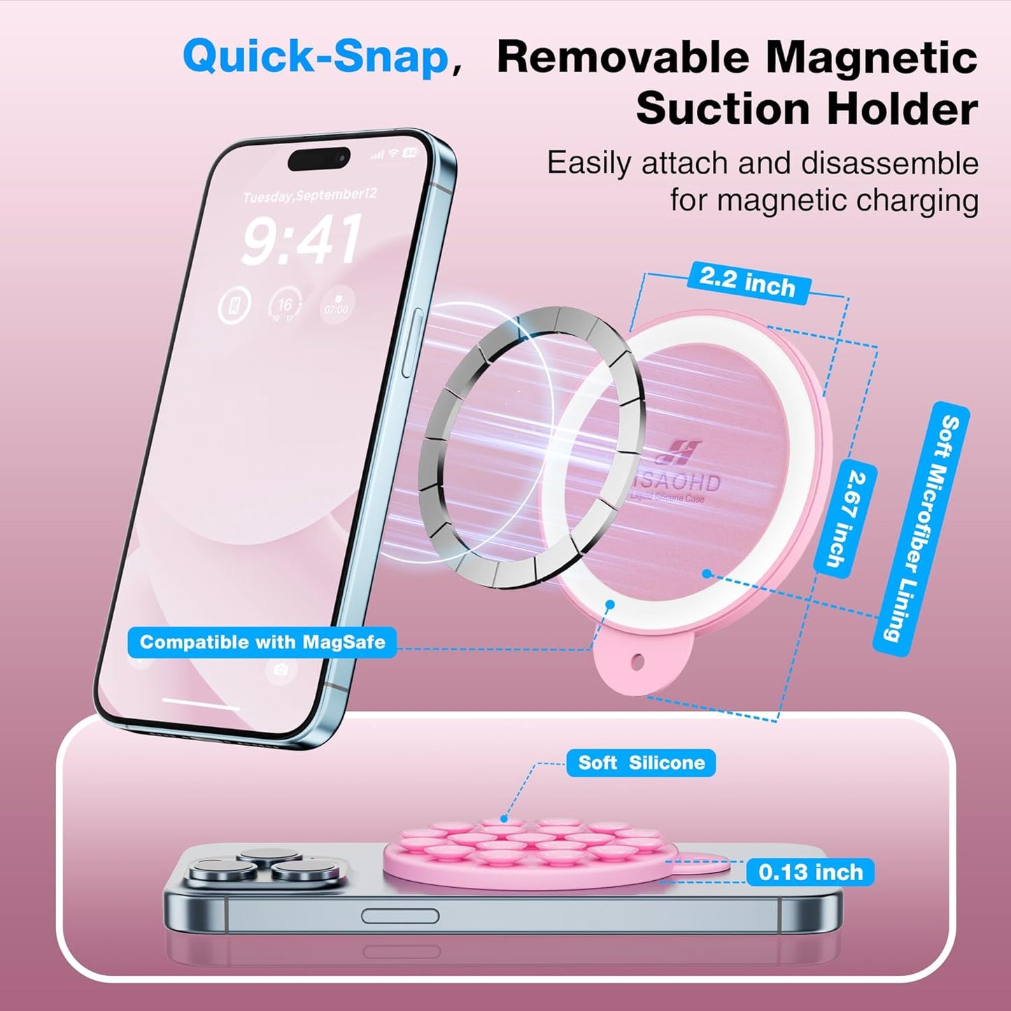 Magnetic Suction Cup Phone Mount for MagSafe Case, Silicone Hands-Free Grip Holder for iPhone and Android, Mirror Shower Phone Stand for Makeup FaceTime Gym Kitchen Bathroom, Pink