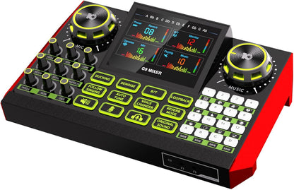 Audio mixer, suitable for live streaming, singing, and gaming on computer/phone; soundboard for 3.5mm condenser microphone; podcast mixer with live sound card, noise reduction, and one-touch mute