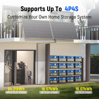 12V 314Ah Lithium LiFePO4 Battery Mini with Bluetooth 5.0 BMS 200A, 4.01kWh Energy, Upgraded Aluminum Cooling Fins & Braided Copper Wires, upporting devices over 2000W (1 PCAK)