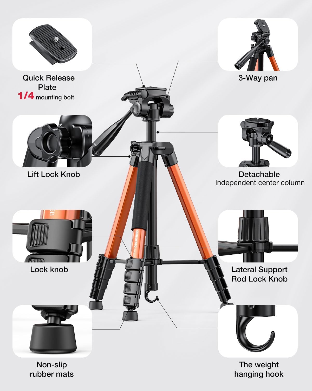 73" Camera Tripod and Monopod, Professional Aluminum Tripod Stand for Mirrorless Camera/DSLR/Cell Phone/Camcorder/GoPro, with Phone Holder and Travel Bag (Burnt Orange)