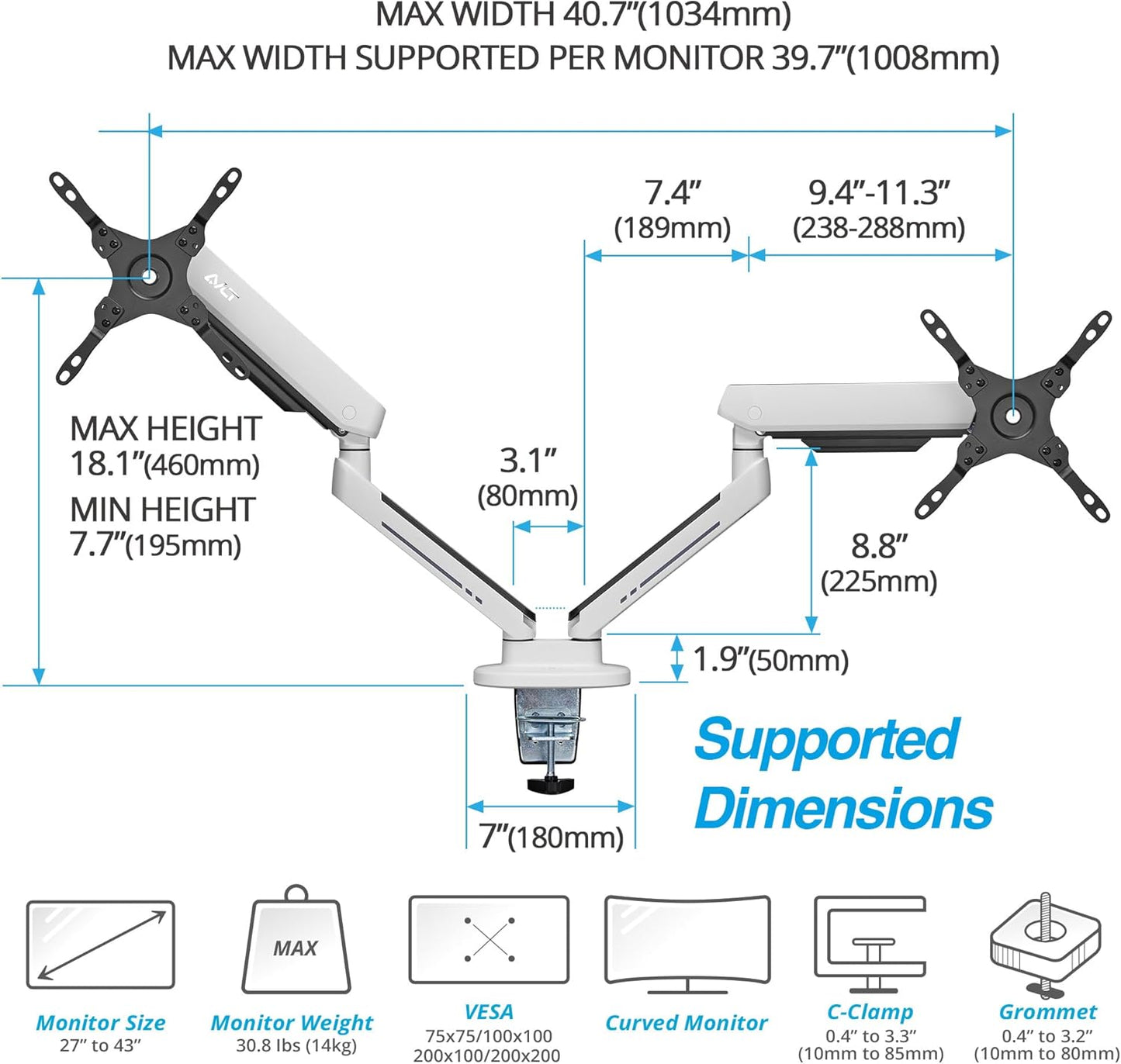 AVLT Dual 27”-43” RGB Gaming Monitor Arm Desk Mount Built-in 20 Lighting Modes Touch Button Control Fits Flat/Curved/Ultrawide Screen Height Swivel Tilt Rotation Adjustable Stand -White