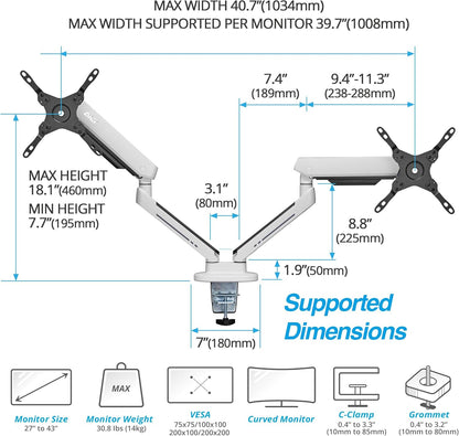 AVLT Dual 27”-43” RGB Gaming Monitor Arm Desk Mount Built-in 20 Lighting Modes Touch Button Control Fits Flat/Curved/Ultrawide Screen Height Swivel Tilt Rotation Adjustable Stand -White