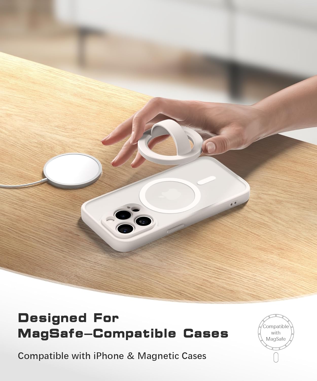 Magnetic Phone Grip, Removable Loop Grip with Soft Finger Strap, Silicone Phone Ring Holder for Back of Phone for iPhone 16/15/14/13/12 Pro Max/Plus, Stone