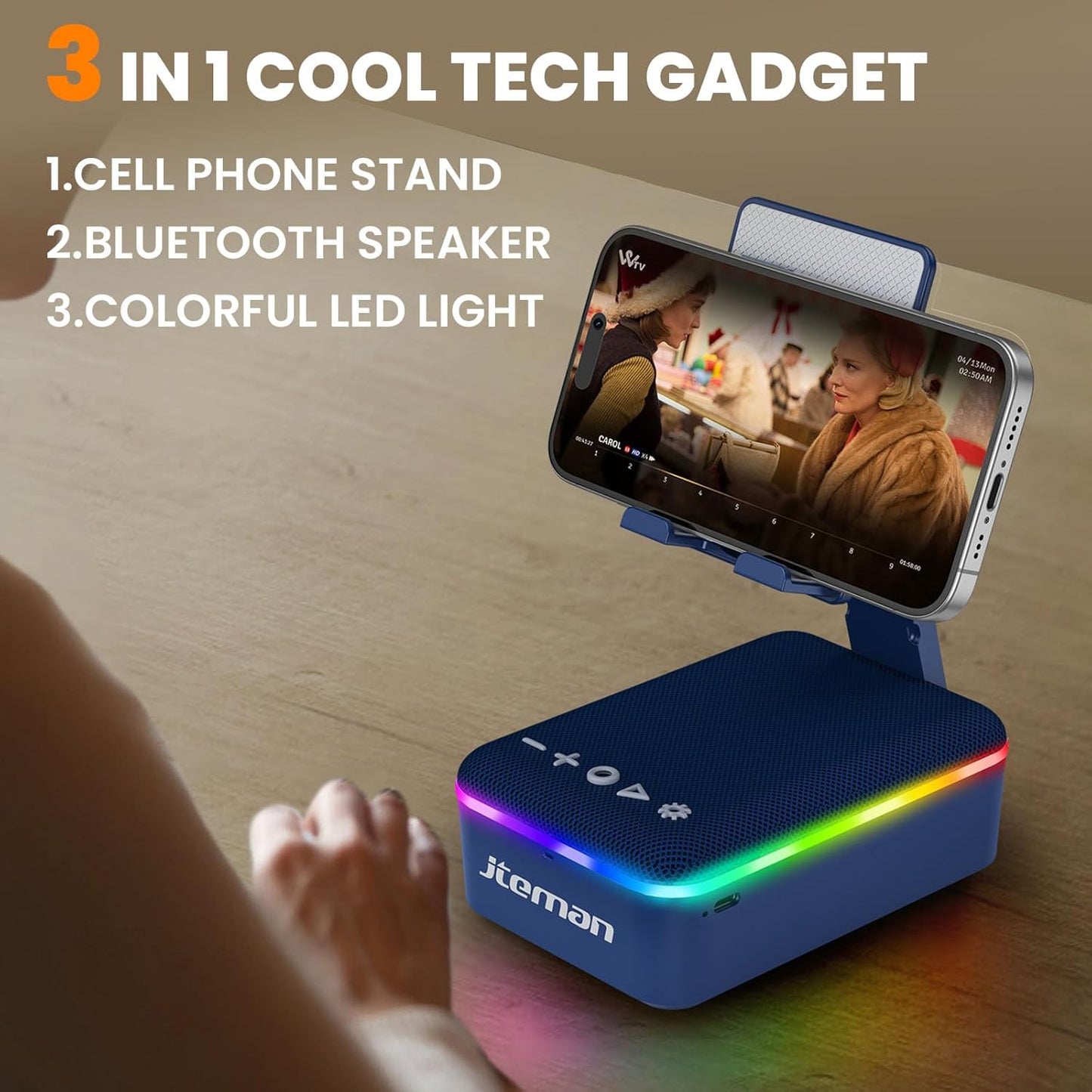 JTEMAN Gifts for Men Women,Cell Phone Stand with Bluetooth Speaker,LED Light,and Lanyard,Cool Tech Gadgets,Unique Birthday Gifts for Men Husband Mom Dad-Blue