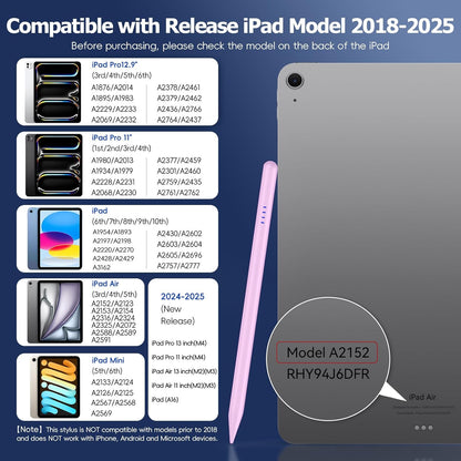 Stylus Pen for iPad (2018-2025),20 Mins Fast Charge for Pad Pencil with Tilt Sensitivity & Palm Rejection,Compatible with iPad 6/7/8/9/10/A16, Air3/4/5/M2/M3, Mini5/6, Pro 11"/12.9"/M4,Pink