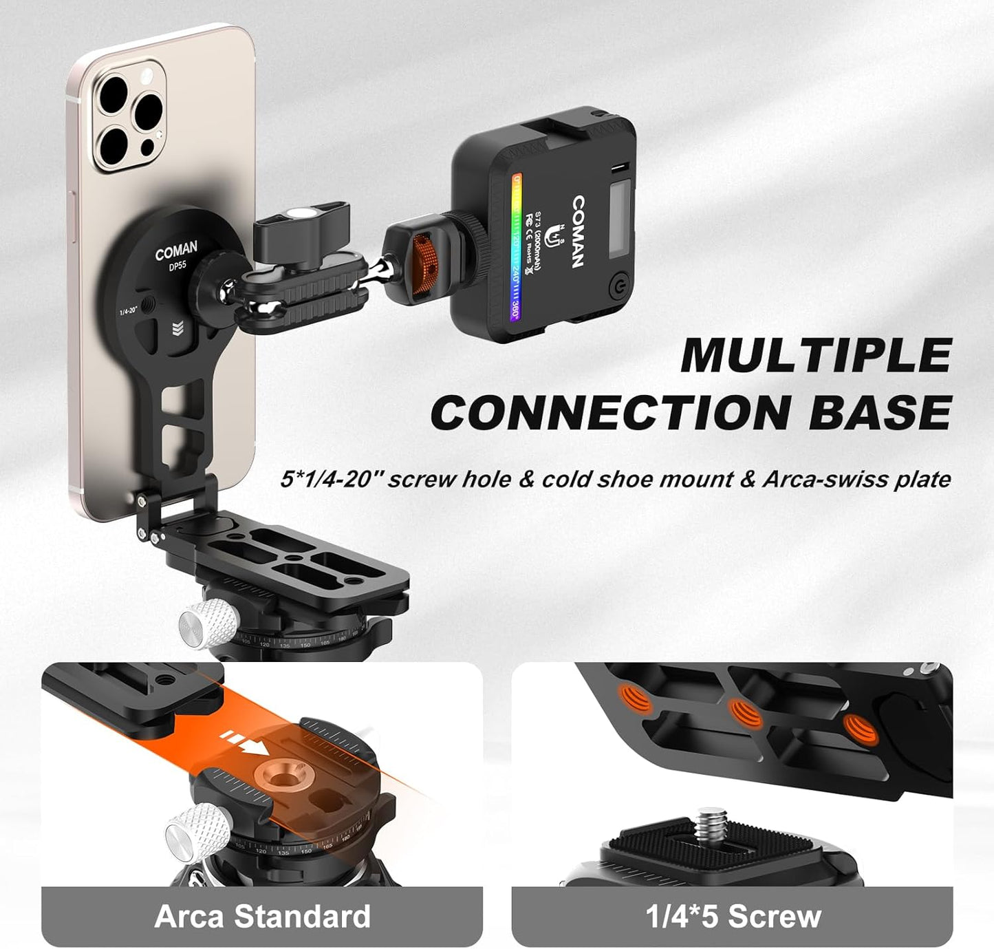 COMAN DP55 Magnetic Phone Tripod for iphone, Foldable Magnetic Mini Tripod Pocket Cell Phone Stand with Arca-Swiss, 1/4'' Screw Hole, Cold Shoe Mount, Compatible with Magsafe for iPhone 16/15/14/13/12