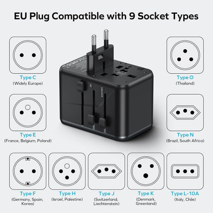 MOMAX Universal Travel Adapter, 170W GaN International Power Adapter, 2 USB-C 2 USB-A, Worldwide Travel Plug Adapter, International Power Adapter for Most Europe, USA, Japan, Australia (Type C/A/G/I)