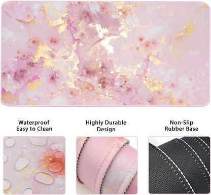 Large Mouse Pad and Keyboard Wrist Rest, Desk Pad for Keyboard and Mouse, 4-in-1 Large Gaming Mouse Pad with Wrist Support, Non-Slip Desk Mat for Home Office Study Game-Pink Gold Marble