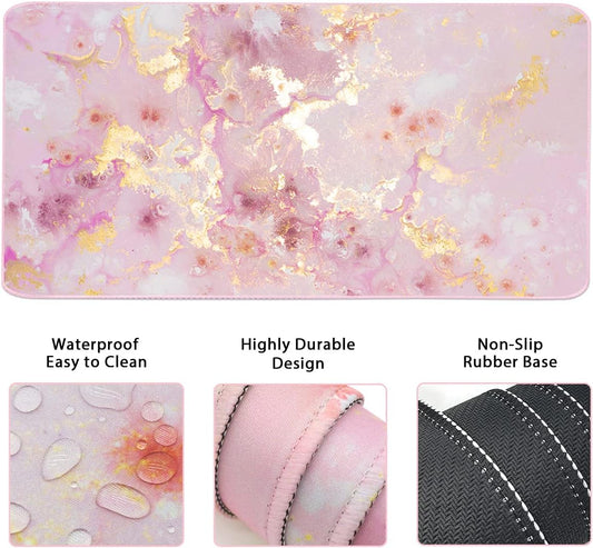 Large Mouse Pad and Keyboard Wrist Rest, Desk Pad for Keyboard and Mouse, 4-in-1 Large Gaming Mouse Pad with Wrist Support, Non-Slip Desk Mat for Home Office Study Game-Pink Gold Marble