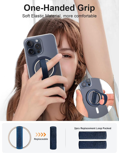 EWA MagOne Solo Phone Grip with Replaceable Elastic Finger Loop, Removable Magnetic Ring Holder Loop, Accessories for iPhone 16,15, 14, 13 Pro/Max/Plus, No Stand-Blue