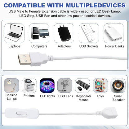 MECCANIXITY USB Cable with ON/Off Toggle Switch, USB Male to Female Extension Cord Inline Switch 2.0m White, for LED Desk Lamp LED Strip