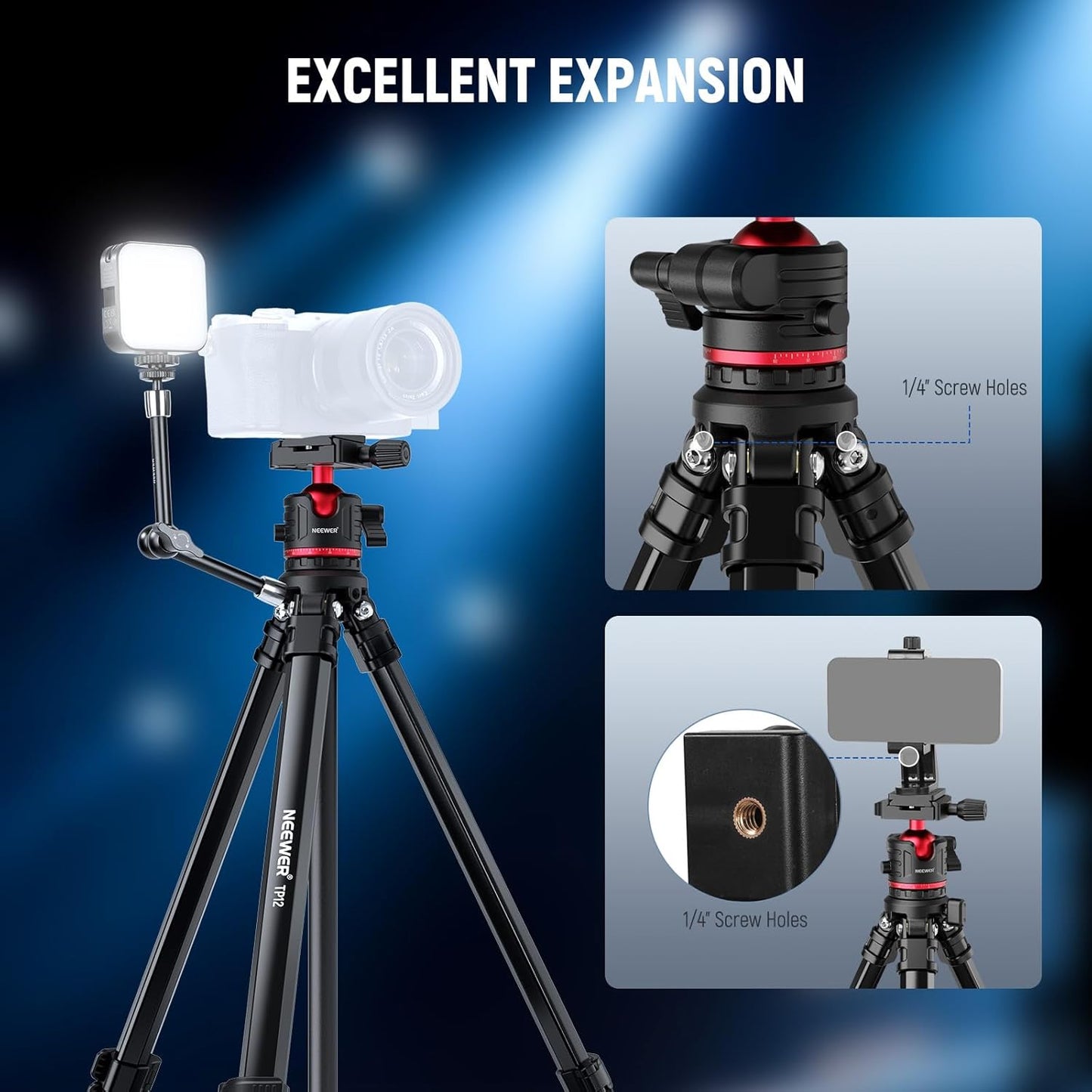 NEEWER Basics 66.5"/169 cm Travel Tripod for Camera, Lightweight Portable DSLR Stand with Ball Head, Arca Type QR Plate, Cell Phone Holder Compatible with iPhone Video Recording, Max Load 11 lb, TP12