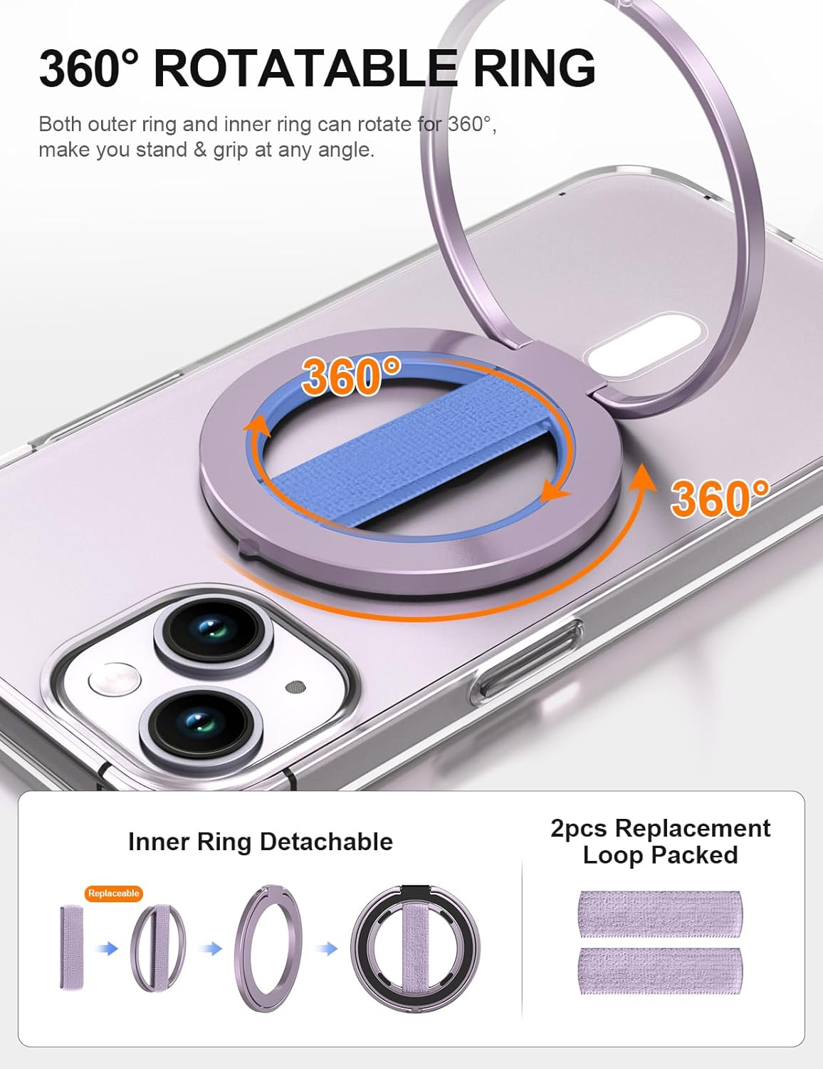 EWA MagOne Ultra Phone Grip Stand with Replaceable Elastic Finger Loop, Removable Magnetic Ring Holder Kickstand Loop, Accessories for iPhone 16, 15, 14, 13 Pro/Max/Plus (Purple)