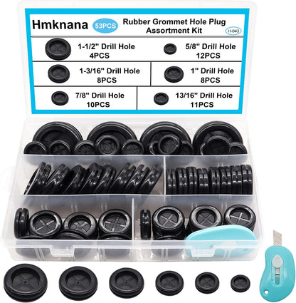 53PCS Rubber Grommets for Wiring, Rubber Grommet Kit in 6 Assorted Drill Hole Sizes 5/8" 13/16" 7/8" 1" 1-3/16" 1-1/2", Two-Sided Rubber Hole Plug for Protecting Wires