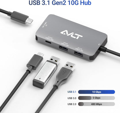 AVLT 4-Port USB 3.1 Gen 2 Type C 10G Hub with 85W PD Charging - Portable Multiport Adapter – Fast Data Transfer and Charging for MacBook, Laptop, PC, iPad (Does NOT Support USB-C Monitor)