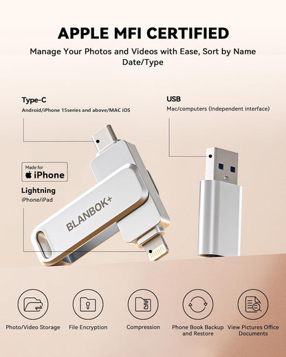 MFi Certified 512GB Flash Drive for iPhone Photo Stick, USB Thumb Drive Memory Stick High Speed USB Drive Photo Storage for iPhone Compatible for iPhone/iPad/Android/PC