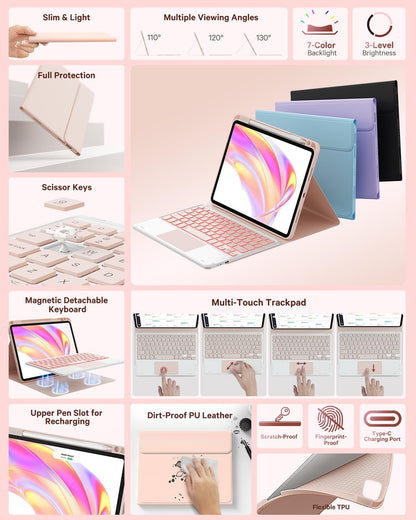 GreenLaw Keyboard Case for iPad Air 11-inch (M3/M2) 2025/2024 & Air 4th/5th Gen & iPad Pro 11 inch (1st/2nd/3rd/4th Gen), Smart Touchpad, 7-Color Backlit, Stain Resistant Cover, Blush Pink