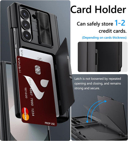 Vihibii for Samsung Galaxy Z Fold 6 Case with Card Holder & Slide Camera Cover & Screen Protector & Hinge Protection, Heavy Duty Rugged Wallet Phone Case for Samsung Galaxy Z Fold 6 2024, Black