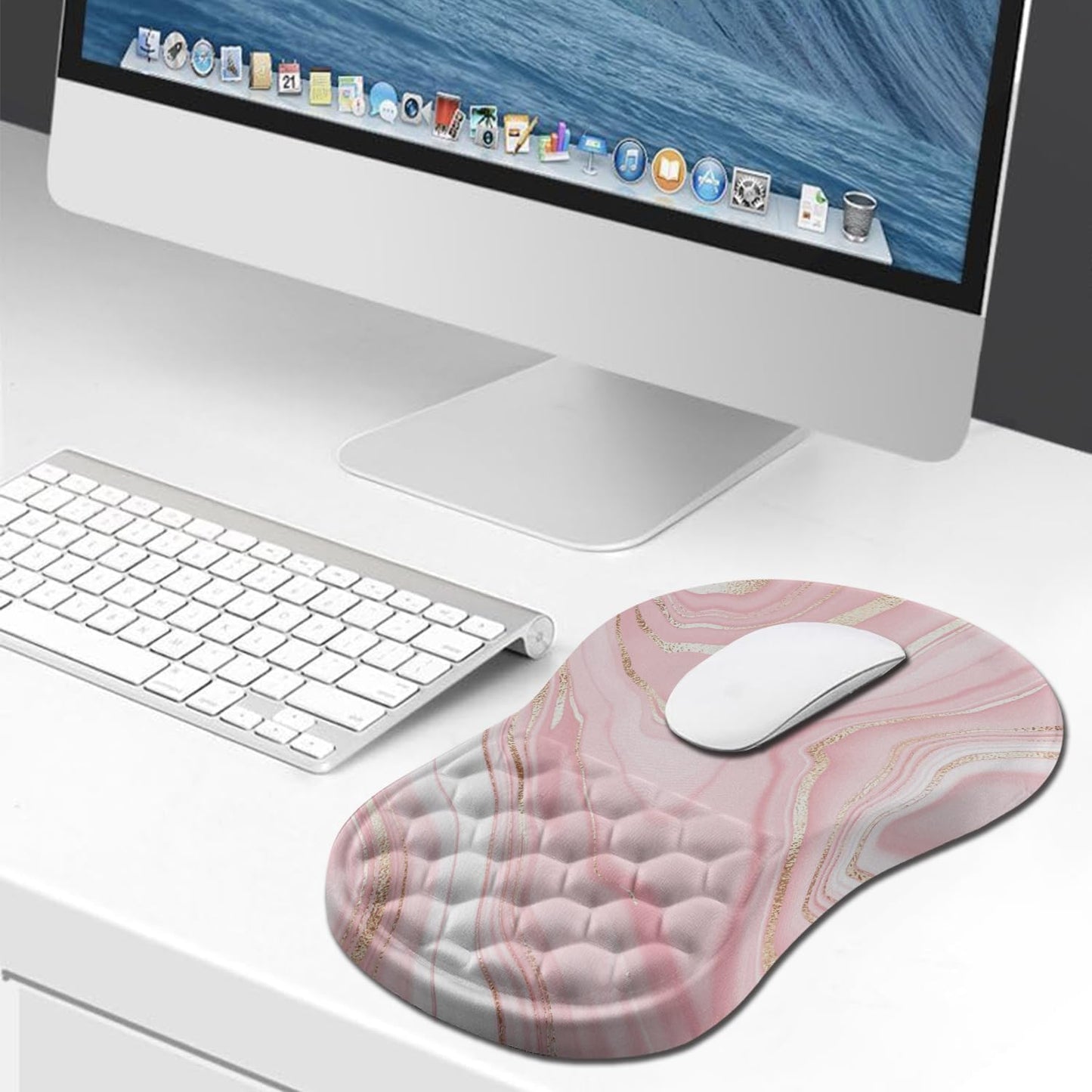 Hokafenle Ergonomic Mouse Pad Wrist Support, Wrist Rest Mousepad for Carpal Tunnel Pain Relief with Integrated Memory Foam Slope Massage Bulge (11.8x7.9 inch,Pink Fluid