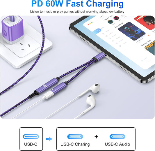 USB Type C Splitter 2 in 1 USB C Headphone and Charger Adapter Audio Dongle Cable with PD 60W Fast Charging for Samsung Galaxy A17 A16 A15 A56 S25 S24 S23 S22 S21 iPhone 17 16 15 Pro Max Pixel 10 9 8