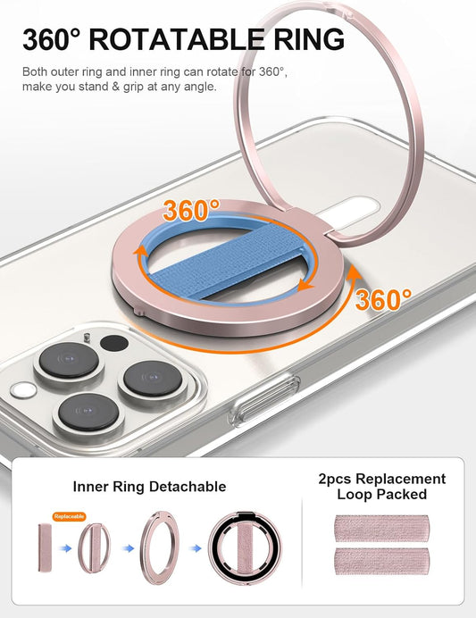 EWA MagOne Ultra Phone Grip Stand with Replaceable Elastic Finger Loop, Removable Magnetic Ring Holder Kickstand Loop, Double-Sided Magnetic Accessories for iPhone 16, 15, 14, 13 Pro/Max/Plus-Roseglod